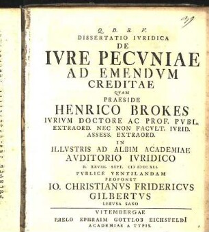 Dissertatio Ivridica De Ivre Pecvniae Ad Emendvm Creditae
