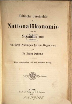 Kritische Geschichte der Nationalökonomie und des Socialismus : von ihren Anfängen bis zur Gegenwart