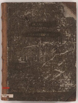 "PLAN DES JARDINS", Buchdeckel : Buchdeckel mit geprägtem Titel, 18. Jh. Gold/Papier & Leder. 46,4 x 34,9 cm. Bez.: "PLAN DES JARDINS"