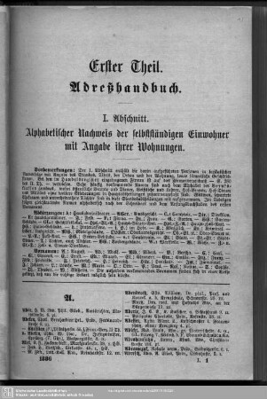 Einwohnerverzeichnis : I. Abschnitt. Alphabetischer Nachweis der selbständigen Einwohner mit Angabe ihrer Wohnungen.