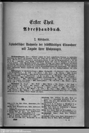 Einwohnerverzeichnis : I. Abschnitt. Alphabetischer Nachweis der selbständigen Einwohner mit Angabe ihrer Wohnungen.