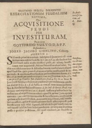 Exercitationum Feudalium Septima, De Acquisitione Feudi Per Investituram. Respondente Johan-Jacobo Gihnlino