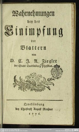 Wahrnehmungen bey der Einimpfung der Blattern