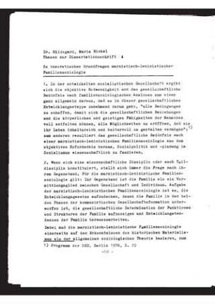 Zu theoretischen Grundfragen marxistisch-leninistischer Familiensoziologie : Thesen zur Dissertationsschrift A