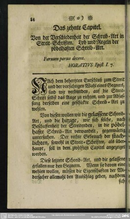 Das zehnte Capitel. Von der Verschiedenheit der Schreib-Art in Streit-Schriften. Lob und Regeln der pöbelhaften Schreib-Art