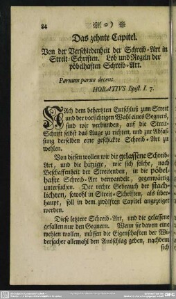 Das zehnte Capitel. Von der Verschiedenheit der Schreib-Art in Streit-Schriften. Lob und Regeln der pöbelhaften Schreib-Art