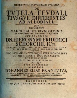De tutela feudali eiusque differentiis ab allodiali