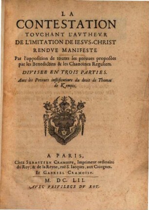 La Contestation touchant l'autheur de l'imitation de J. Christ