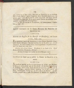 Extrait mortuaire de la Dame Baronne de Boecklin de Boecklins-au. 2 Avril 1778.