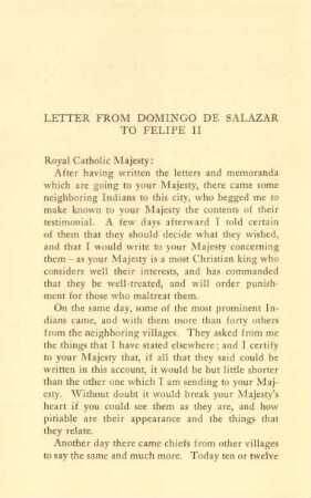 Letter from Domingo de Salazar to Felipe II