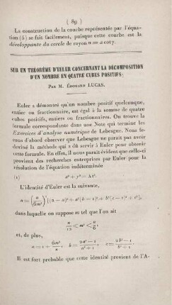 Sur un théorème d'Euler concernant la décompositions d'un nombre en quatre cubes positifs.
