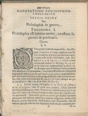 Theorema I. Philosophia est habitus animi, constans sapientiâ & prudentiâ.