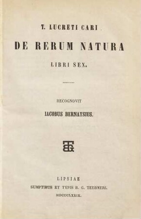 T[iti] Lucreti Cari De rerum natura libri 6