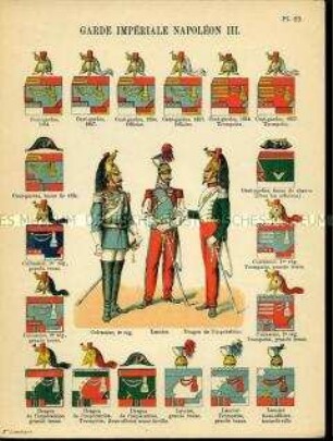 Uniformdarstellung, Kürassier, Ulan und Dragoner, Detailstudien der Kopfbedeckungen und Abzeichen verschiedener Kavallerie-Regimenter der Kaiserlichen Garde, Zweites Kaiserreich Frankreich, 1854/1857.