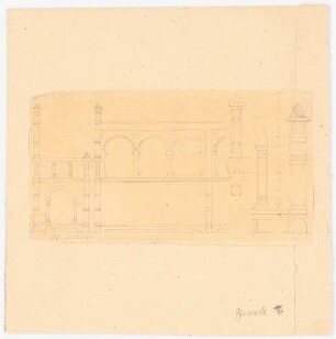 Stiftskirche, Gernrode Restaurierung: Gestühl: Ansicht, Schnitt, Maßstabsleisten (Durchzeichnung)
