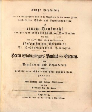 Kurze Geschichte des Augsburgischen verbesserten Schul- und Erziehungs-Wesens