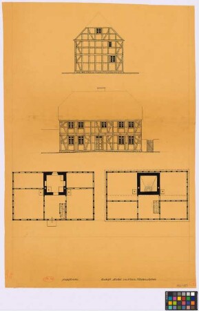 Klein-Rodensleben ([Landkreis Wanzleben]): Gehöft Zabel. [Wohnhaus] (Giebel-Ansicht, Seiten-Ansicht, Grundriss des Erdgeschosses, Grundriss des Obergeschosses)