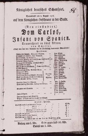 Theaterzettel von der Aufführung des Don Carlos im Königlichen Hoftheater Dresden