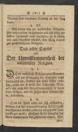 Das achte Capitel von Der Unvollkommenheit der natürlichen Religion