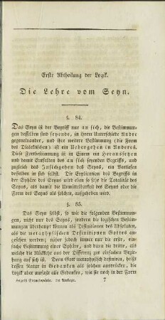 Erste Abtheilung der Logik. Die Lehre vom Seyn.