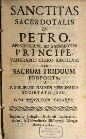 Sanctitas Sacerdotalis In Petro, Apostolorum, Ac Sacerdotum Principe, Venerabili Clero Saeculari