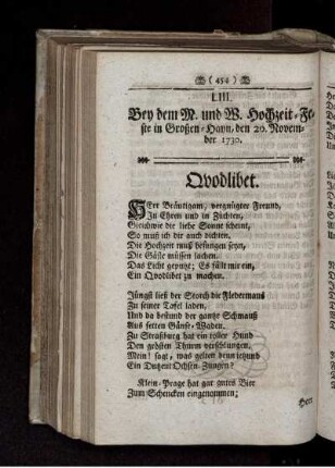 LIII. Bey dem M. und W. Hochzeit-Feste in Großen-Hann, den 20. November 1730
