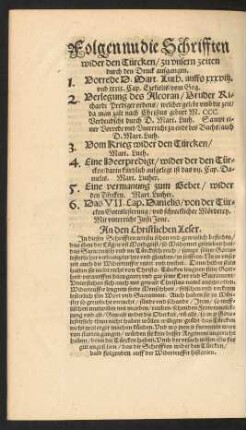 Folgen nu die Schrifften wider den Türcken/ zu unsern zeiten durch den Druck ausgangen.