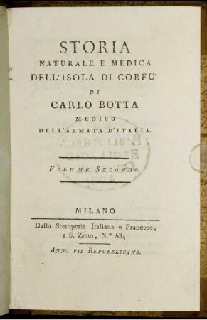 Vol. 2: Storia naturale e medica dell'isola di Corfu. Vol. 2