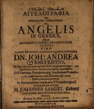 Angelographia Sive Disputatio Theologica De Angelis In Genere
