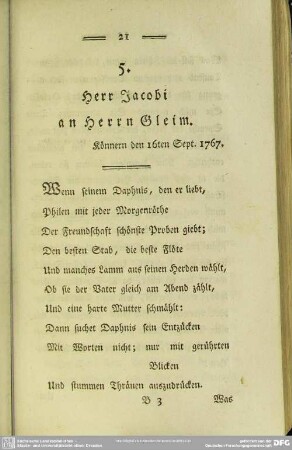 5. Herr Jacobi an Herrn Gleim. Könnern den 16ten Sept. 1767