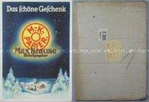 Werbeschild (Weihnachtsreklame) für "Max Krause"-Briefpapier "Das schöne Geschenk", in Originalverpackung