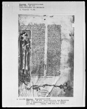 Institutionen aus Kloster Kaisheim — Initiale I, darin ein König mit Falke, Folio 2recto