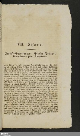 VII. Abschnitt. Gemuese-Garnirungen. Gemuese-Beilagen. Garnitures pour legûmes