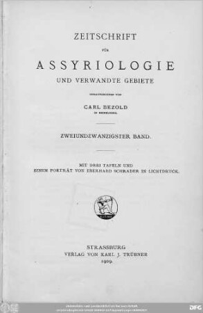Bd. 22 (1909): Zeitschrift für Assyriologie und verwandte Gebiete : Fachzeitschrift der Deutschen Morgenländischen Gesellschaft