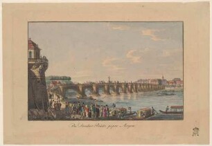 Die Elbbrücke (alte Augustusbrücke, 1727-31 von Pöppelmann) in Dresden, Blick vom Ausschiffungsplatz unterhalb der Brühlschen Terrasse nach Nordwesten auf die Neustadt