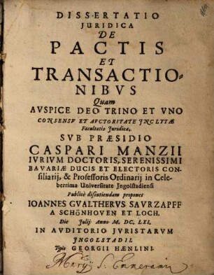 Dissertatio Iuridica De Pactis Et Transactionibus
