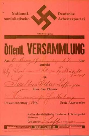 Versammlung der NSDAP-Ortsgruppe Löffingen: Warum nicht Hindenburg?