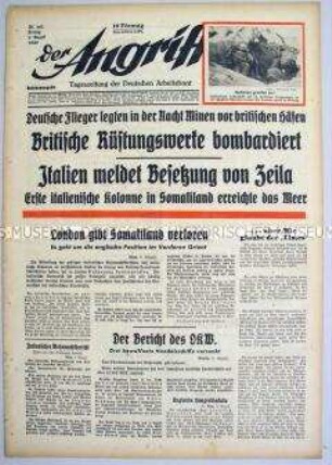 Tageszeitung "Der Angriff" u.a. zum Luftkrieg gegen England und zu den Kämpfen in Somaliland zwischen britischen und italienischen Truppen