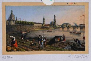 Stadtansicht von Dresden, Blick von Nordosten auf die Altstadt, im Vordergrund Arbeiter an der Elbe