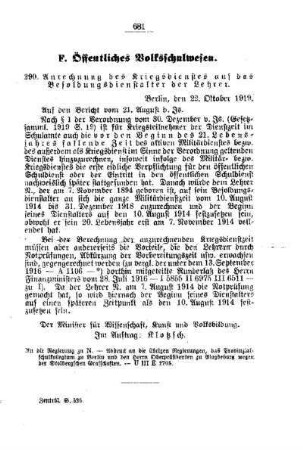 Anrechnung des Kriegsdienstes auf das Besoldungsdienstalter der Lehrer : [F. Öffentliches Volksschulwesen]