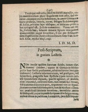 Post-Scriptum, in gratiam Lectoris.
