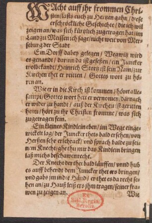 Wacht auff jhr frommen Chri=||sten/ lasts euch zu Hertzen gahn/