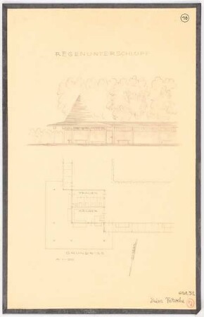 Volkspark einer Großstadt: Grundriss, Ansicht Regenunterschlupf 1:100