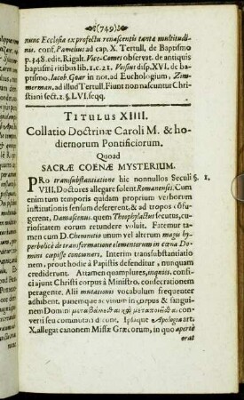 Titulus XIIII. Collatio Doctrinæ Caroli M. & hodiernorum Pontificiorum. Quoad Sacræ Coenæ Mysterium.
