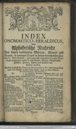 Indes Onomastico - Heraldicus Oder Alphabetische Nachricht von denen verblümten Wörtern, Namen und Wapen ...