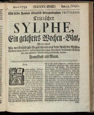 (LXXXV. Stück.) den 21. Octobr. Anno 1752.