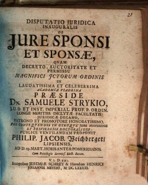 Disputatio Iuridica Inauguralis De Iure Sponsi Et Sponsae