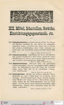 XII. Möbel, Schatullen, Geräthe, Einrichtungsgegenstände etc. (Nr. 2042-2118)