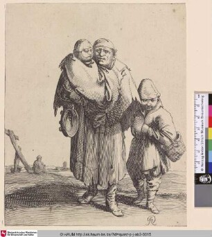[Ein Bettler mit zwei Kindern; Three beggars. A male beggar at centre, carrying a young boy, another boy walking next to him at right and holding a small basket, another beggar seated in left background]