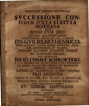 Dissertatio Jvridica Inavgvralis De Svccessione Conivgvm Ivxta Statvta Gothana